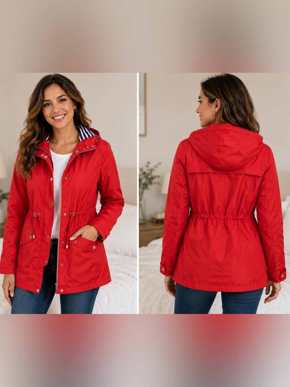 Details Red Hooded Rain Jacket Coat Women’s Small